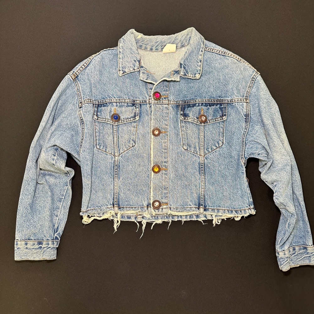 Vintage BONGO Jean Jacket Womens Large Denim Gem Stone‎ Cropped Gene Montesano